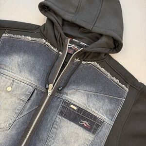 KOMAN SPORTS MENS Denim Jean Hooded Full Zip Jacket Urban Hip Hop Y2K 90s Sz L‎